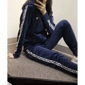 Women's FILA Track Suit Full Zip Hoodie & Pants Set Navy Blue Velour Size M